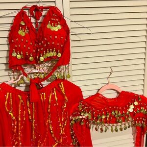 Dance Suit. Three Pieces. Skirt. Top. Vogue Style Chiffon Dangling Gold Coins Be